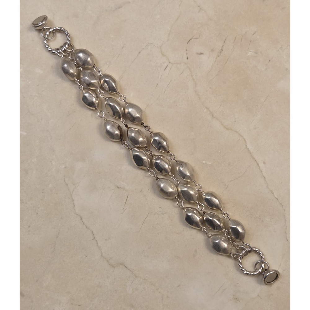 Chunky Sterling Triple Strand Hammered Bead Satin & Polished Magnetic Clasp 8.5" - Picture 4 of 7
